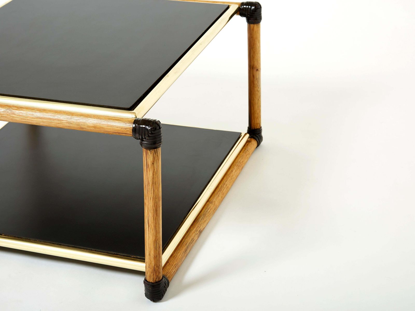 photo for sale Pair Of Italian Alberto Smania Bamboo Brass Black Wood Side Tables 1970s