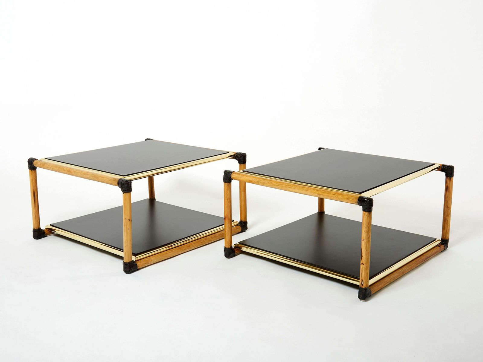 photo vintage Tables d'appoint Alberto Smania en bambou, laiton et bois noir, Italie, années 1970