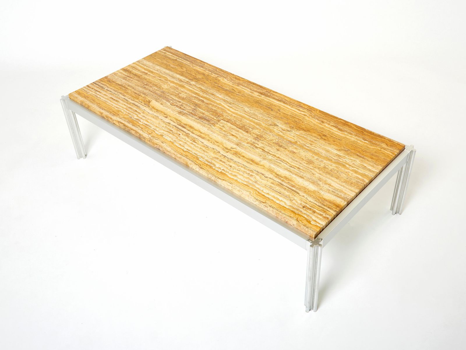 Table basse en travertin jaune, chrome et aluminium George Ciancimino, 1975 photo buy