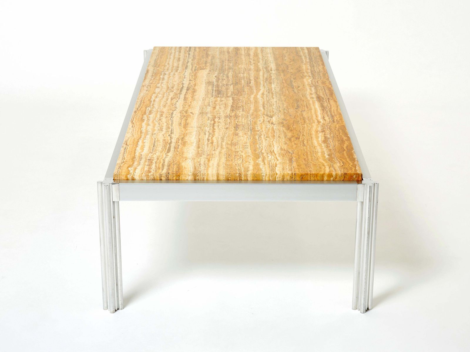 photo furniture Table basse en travertin jaune, chrome et aluminium George Ciancimino, 1975