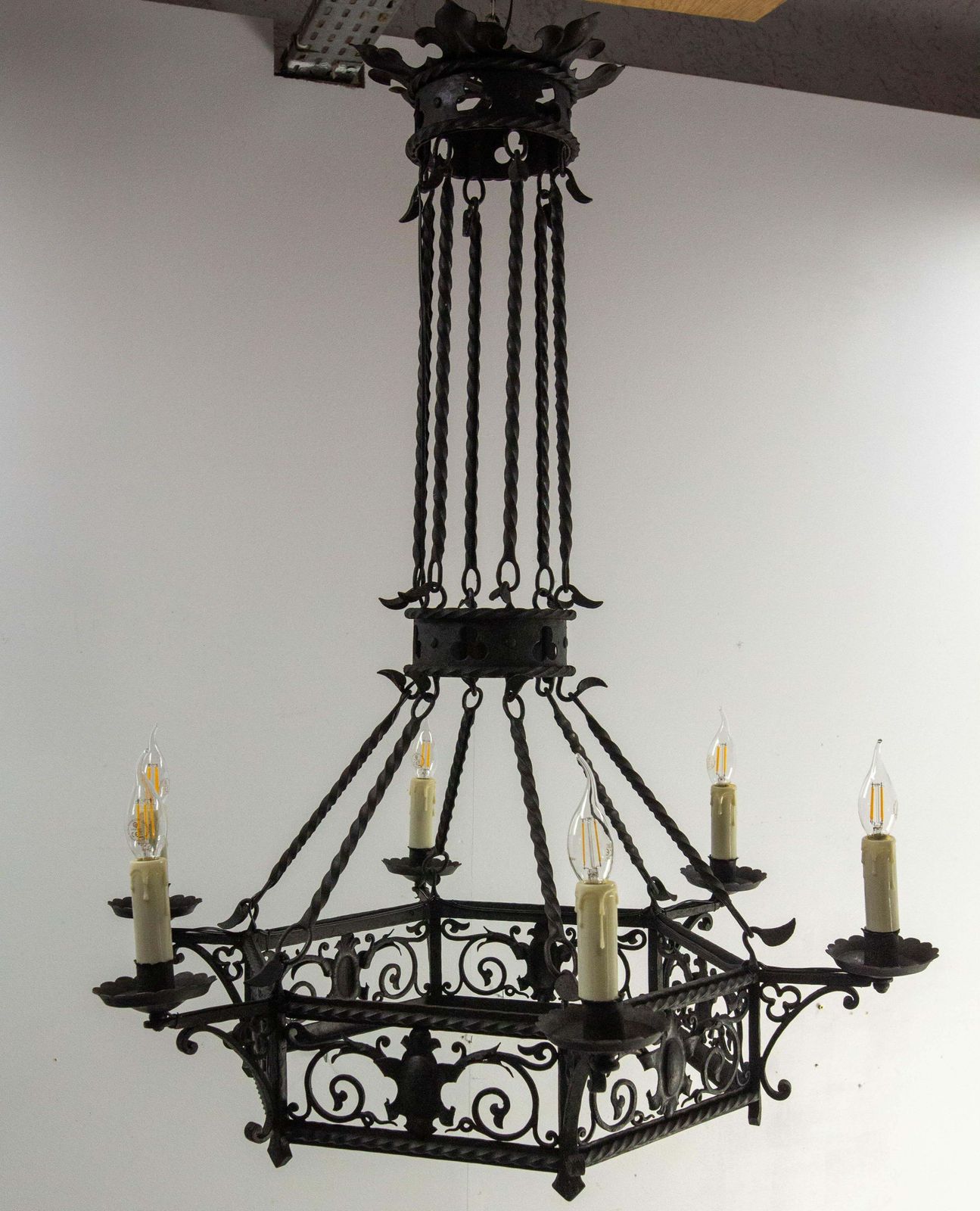 French Gloves & Crests Chandelier Ceiling Pendant Lustre Wrought Iron C 1900 photo Lighting