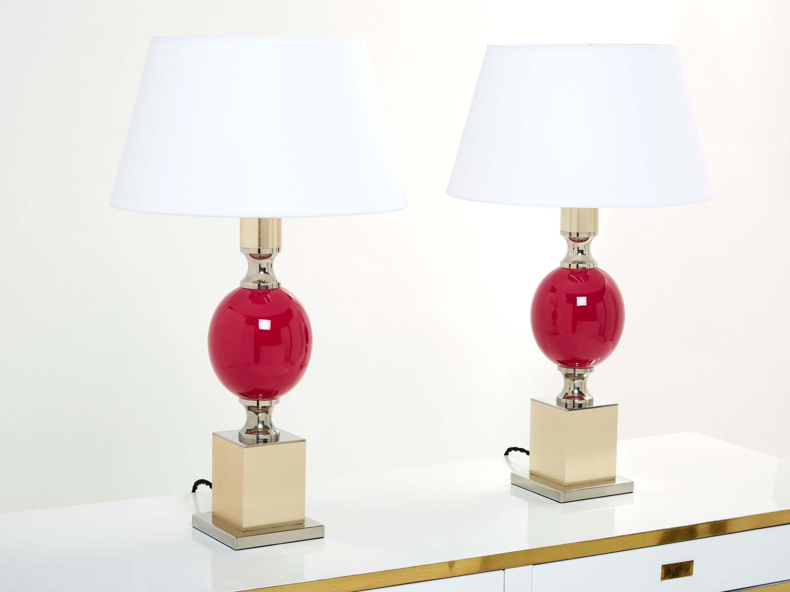 Paire de lampes de table en laiton émaillé chromé Philippe Barbier, années 1970 photo furniture