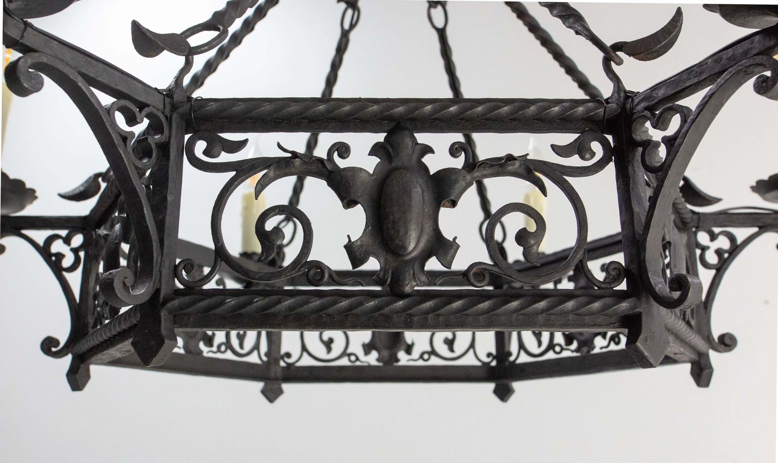 French Gloves & Crests Chandelier Ceiling Pendant Lustre Wrought Iron C 1900 photo 1958.0