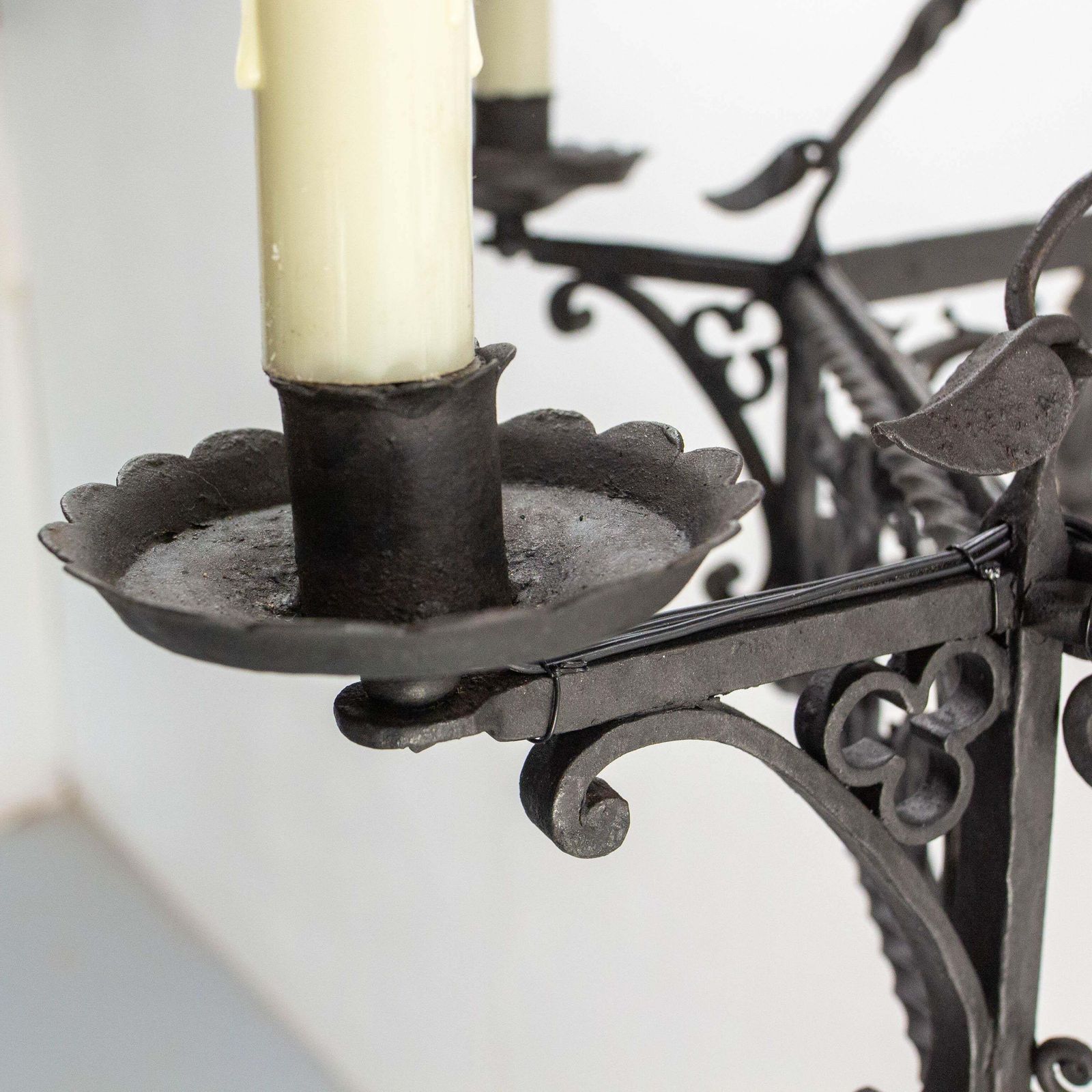 1958.0 French Gloves & Crests Chandelier Ceiling Pendant Lustre Wrought Iron C 1900 photo