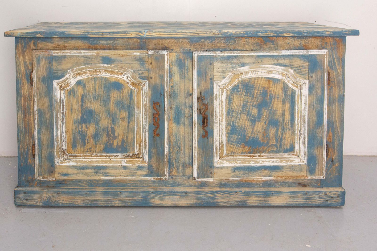 French Antique Oak & Iron Low Buffet Blue & White Patinated 18th Century photo for sale