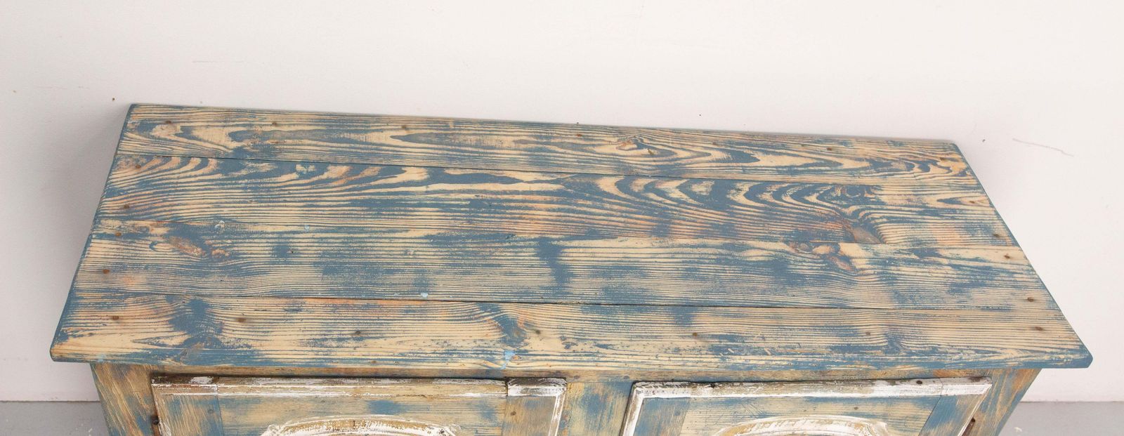 French Antique Oak & Iron Low Buffet Blue & White Patinated 18th Century photo Furniture