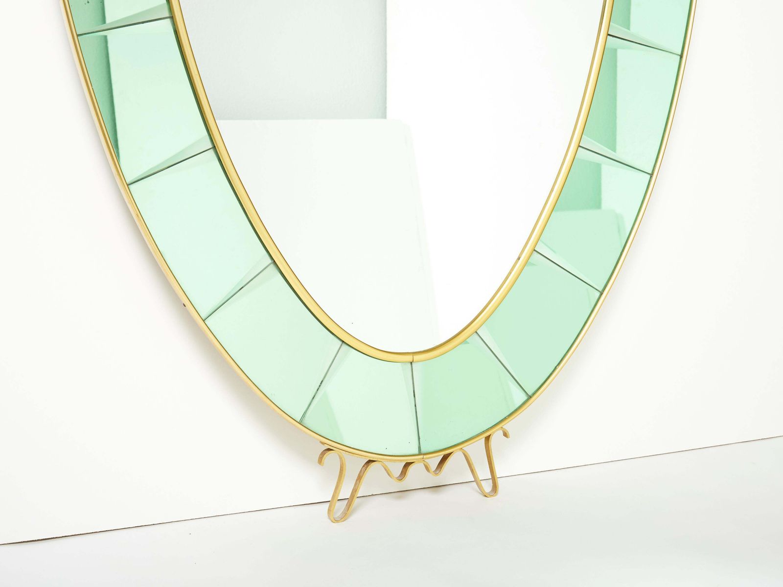 Cristal Arte Oval Shaped Italian Brass Green Crystal Mirror, 1950s photo Home Decor