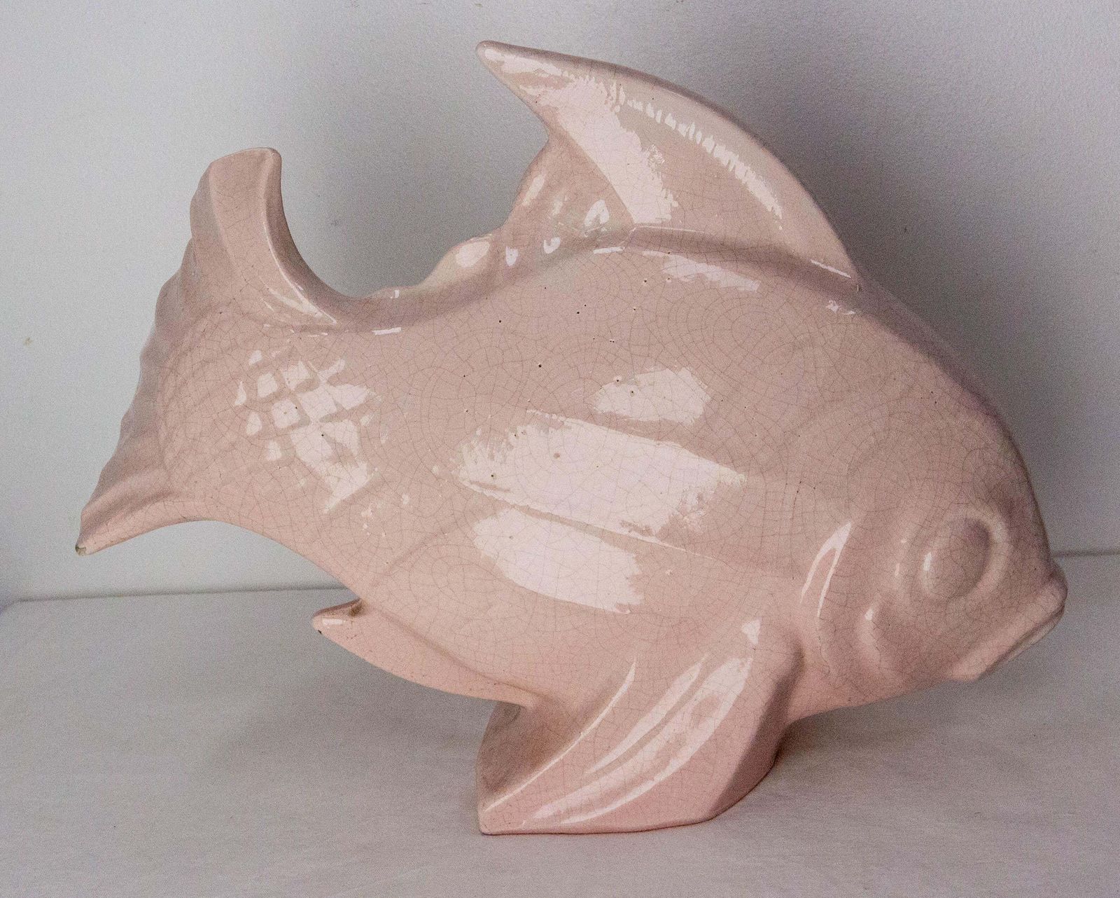 French Lejan Art Deco Crackle Glaze Pink Ceramic Koi Carpe Orchies Circa 1920 photo furniture