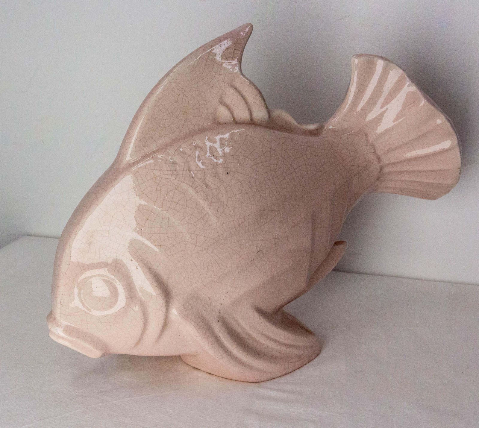 French Lejan Art Deco Crackle Glaze Pink Ceramic Koi Carpe Orchies Circa 1920 photo Art