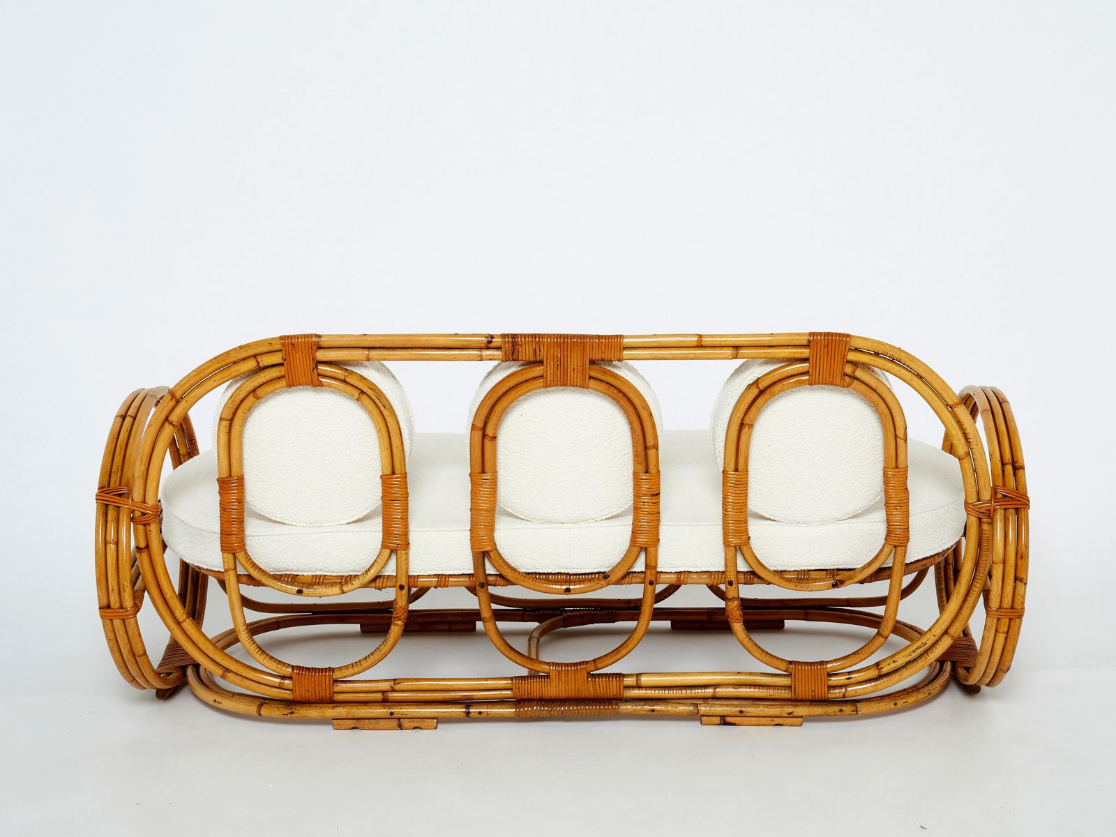 Italian Bamboo Sofa And Stool With French Bouclé Fabric Early 1960s photo buy