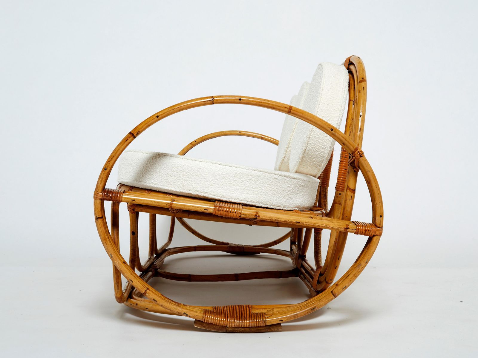 photo for sale Italian Bamboo Sofa And Stool With French Bouclé Fabric Early 1960s