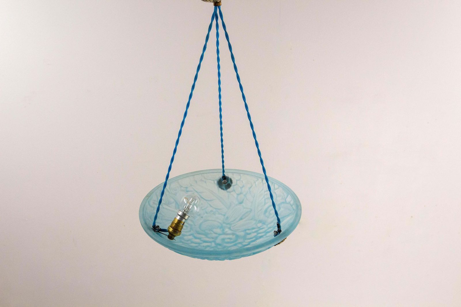 French Art Deco Lustre Blue Glass Ceiling Pendant Chandelier, Circa 1930 photo furniture