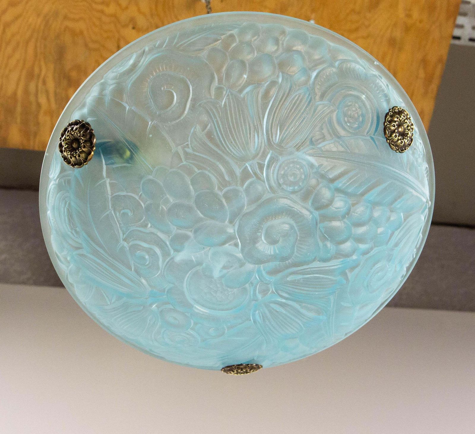 French Art Deco Lustre Blue Glass Ceiling Pendant Chandelier, Circa 1930 photo vinterior