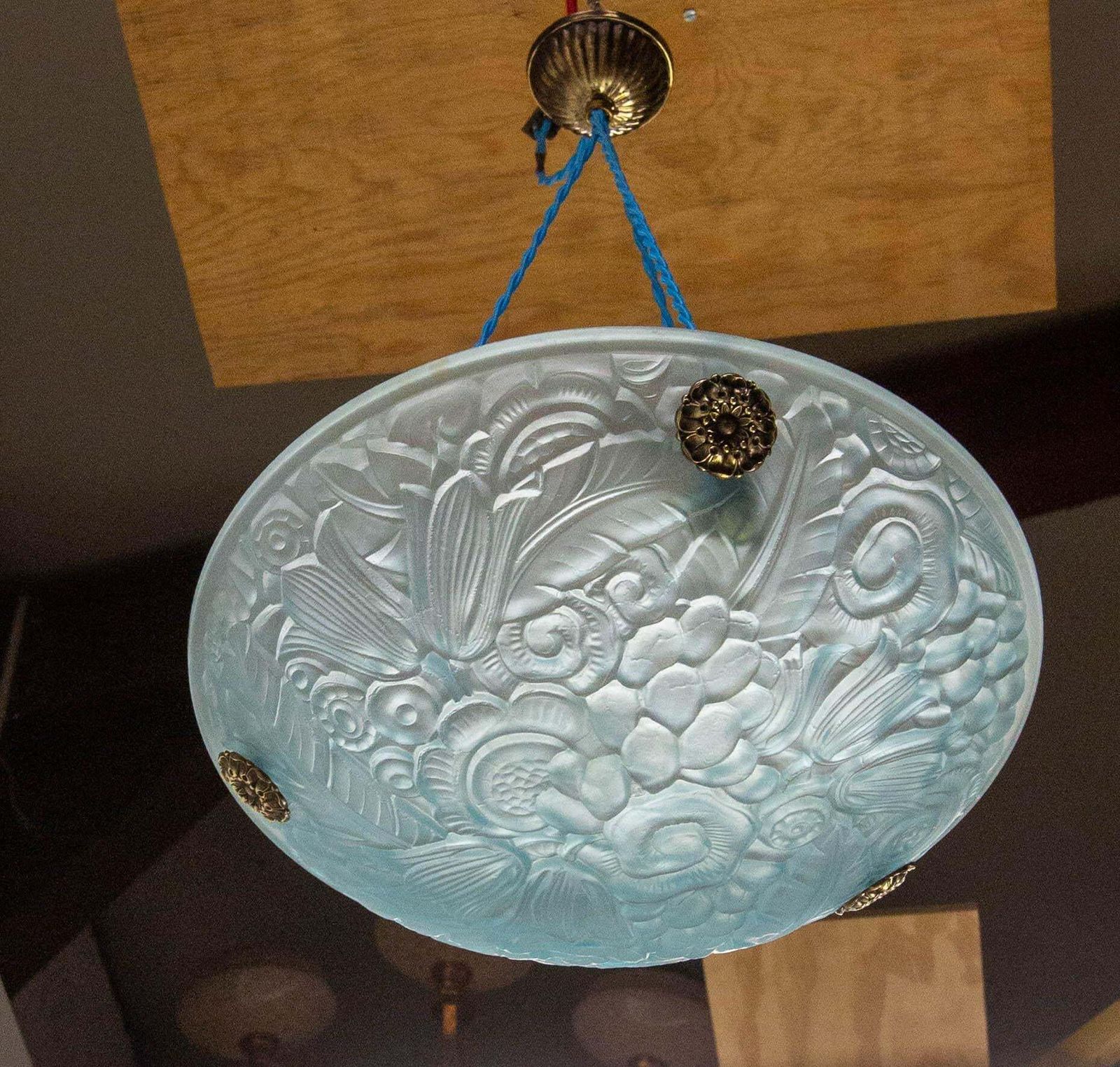 French Art Deco Lustre Blue Glass Ceiling Pendant Chandelier, Circa 1930 photo vintage