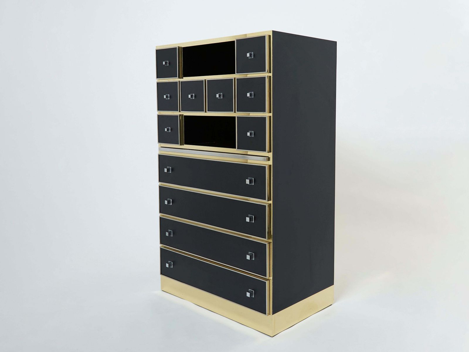 Cabinet secrétaire Michel Pigneres en laiton, chrome et laque noire, années 1970 photo Mobilier