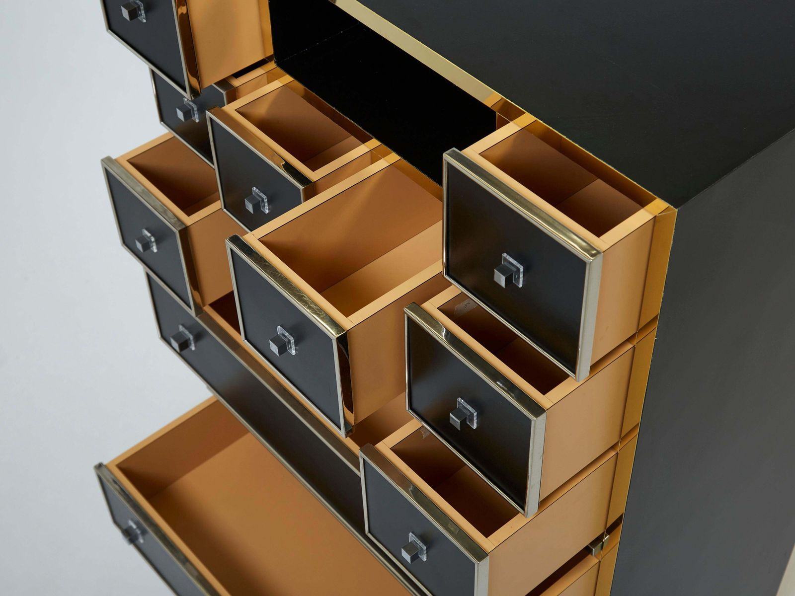 photo for sale Cabinet secrétaire Michel Pigneres en laiton, chrome et laque noire, années 1970