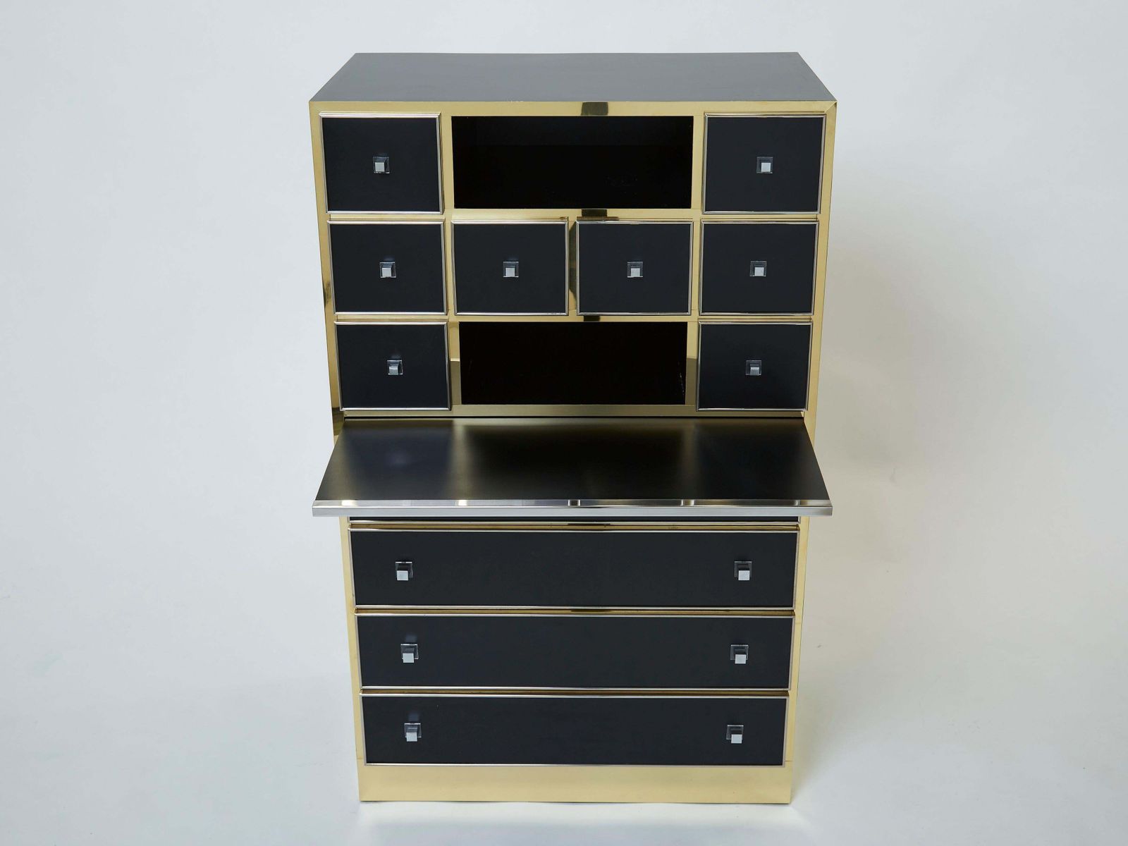 photo vinterior Cabinet secrétaire Michel Pigneres en laiton, chrome et laque noire, années 1970