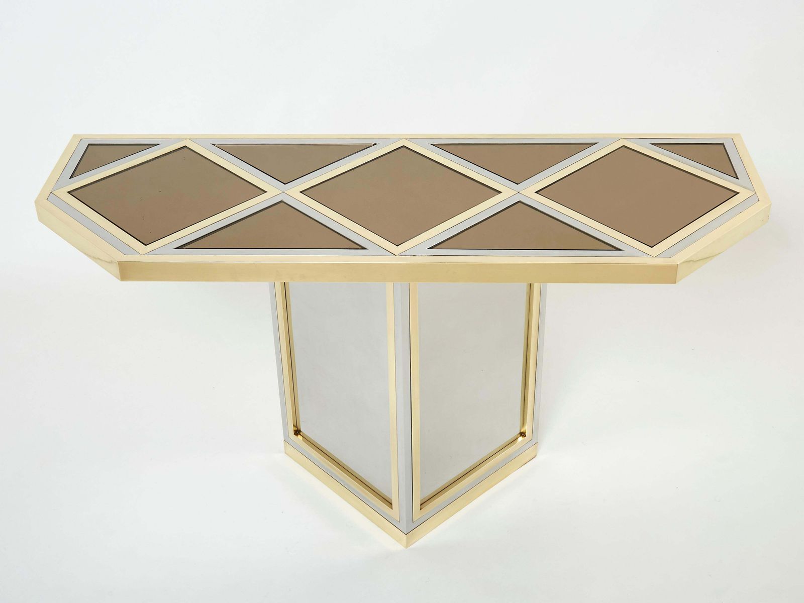 Brass Chrome Steel Mirrored Console Table By Romeo Rega 1970s photo furniture