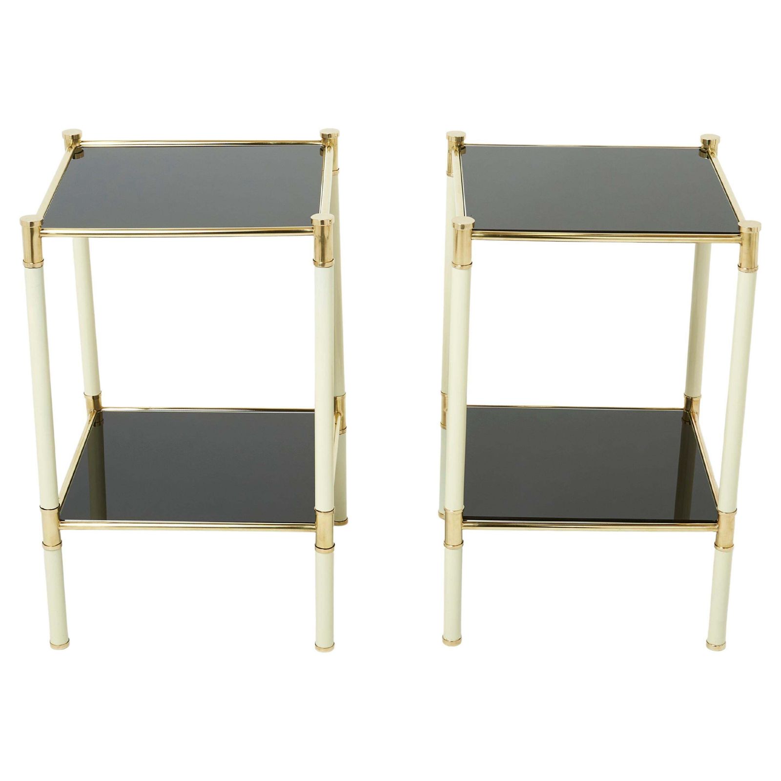 Italian Tommaso Barbi Two Tier Brass Off White Black End Tables, 1970s