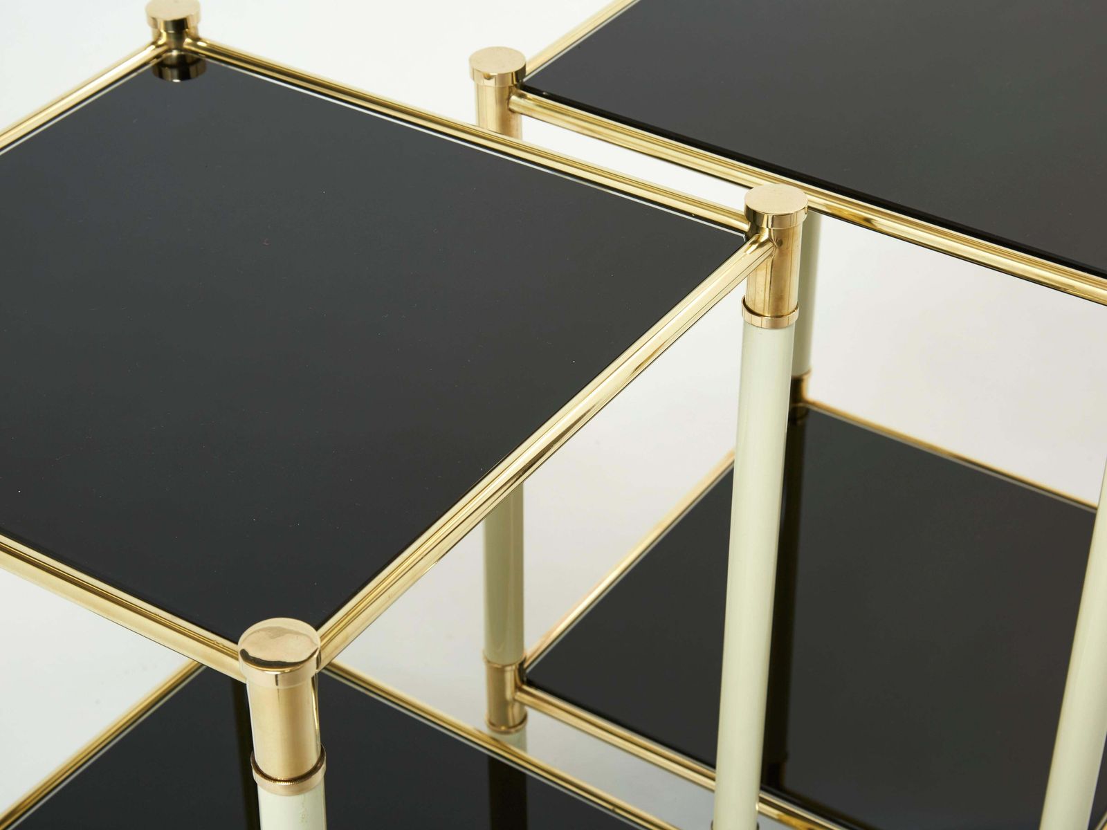 Italian Tommaso Barbi Two Tier Brass Off White Black End Tables, 1970s photo vinterior
