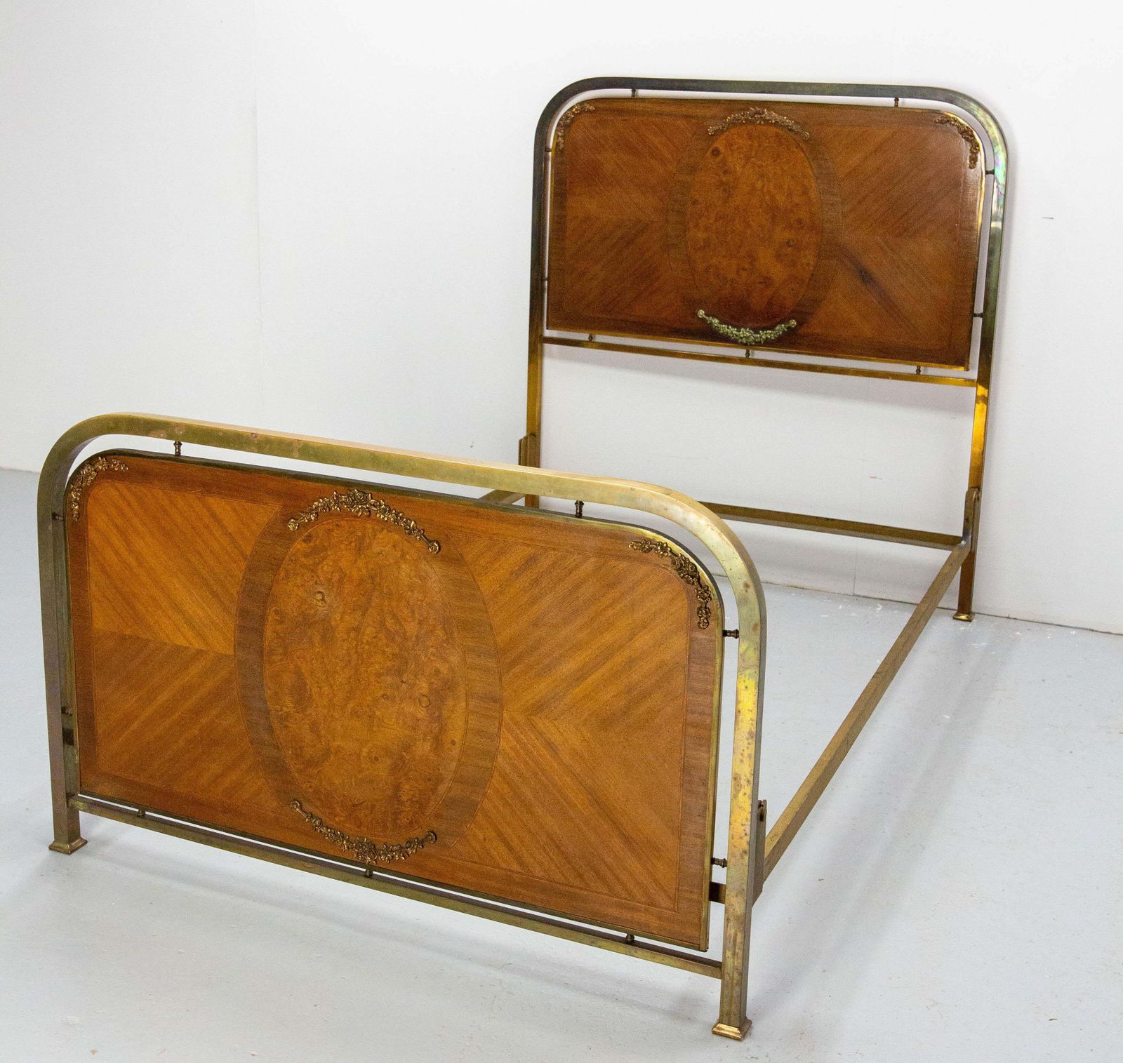 French Bed Classical Style Burl Walnut Copper & Brass Circa 1900 photo Furniture