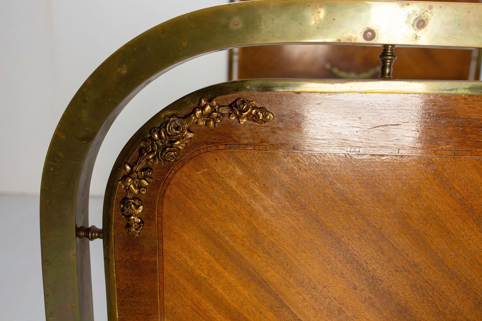 1594.0 French Bed Classical Style Burl Walnut Copper & Brass Circa 1900 photo