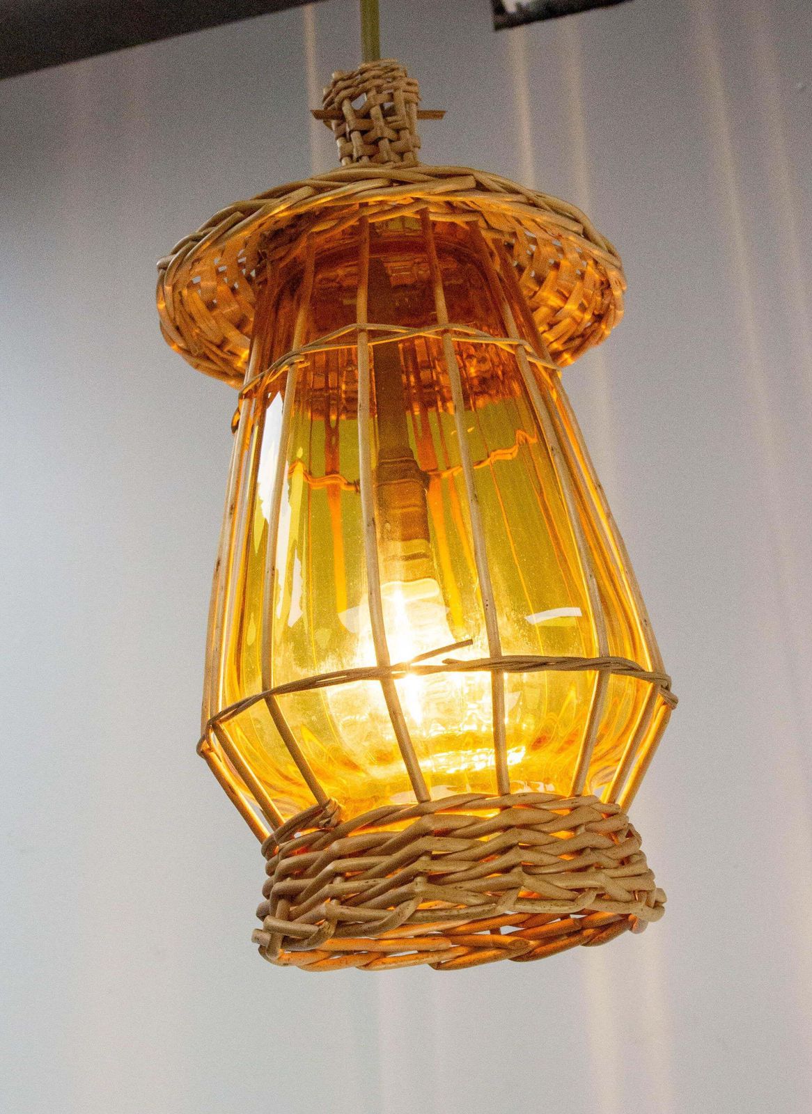 French Ceiling Pendant Yellow Glass & Wicker Chandelier, Lanterne Style, C 1970 photo for sale