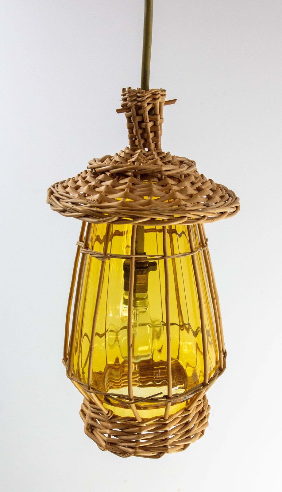 French Ceiling Pendant Yellow Glass & Wicker Chandelier, Lanterne Style, C 1970 photo 495.0