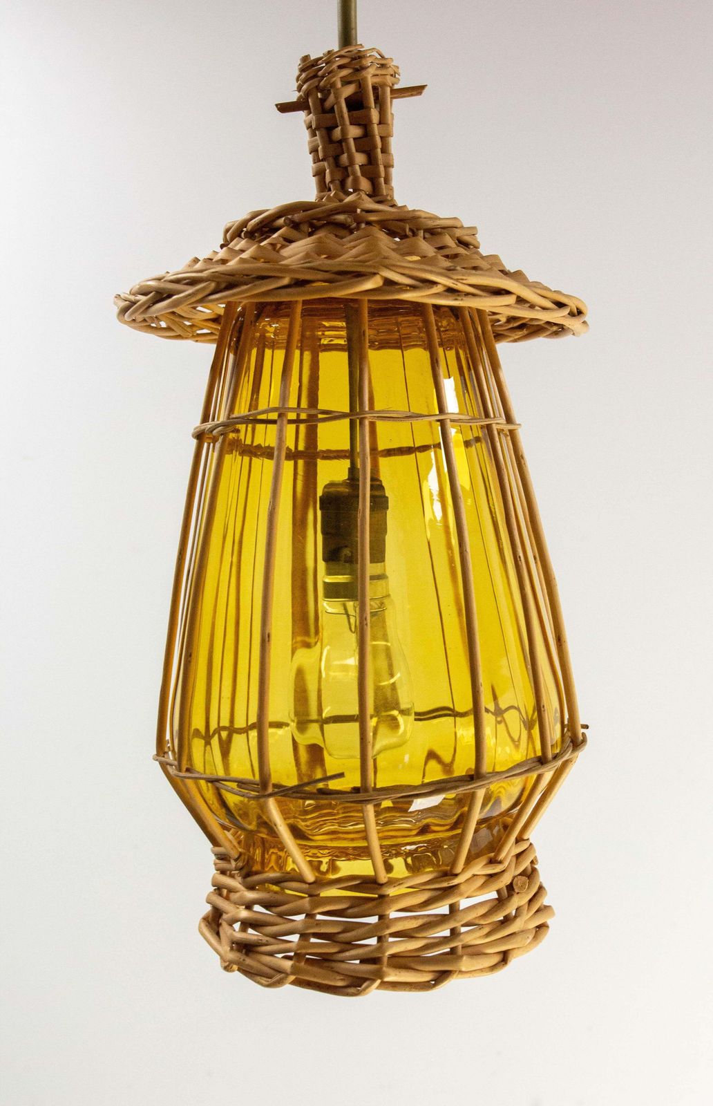 French Ceiling Pendant Yellow Glass & Wicker Chandelier, Lanterne Style, C 1970 photo vintage