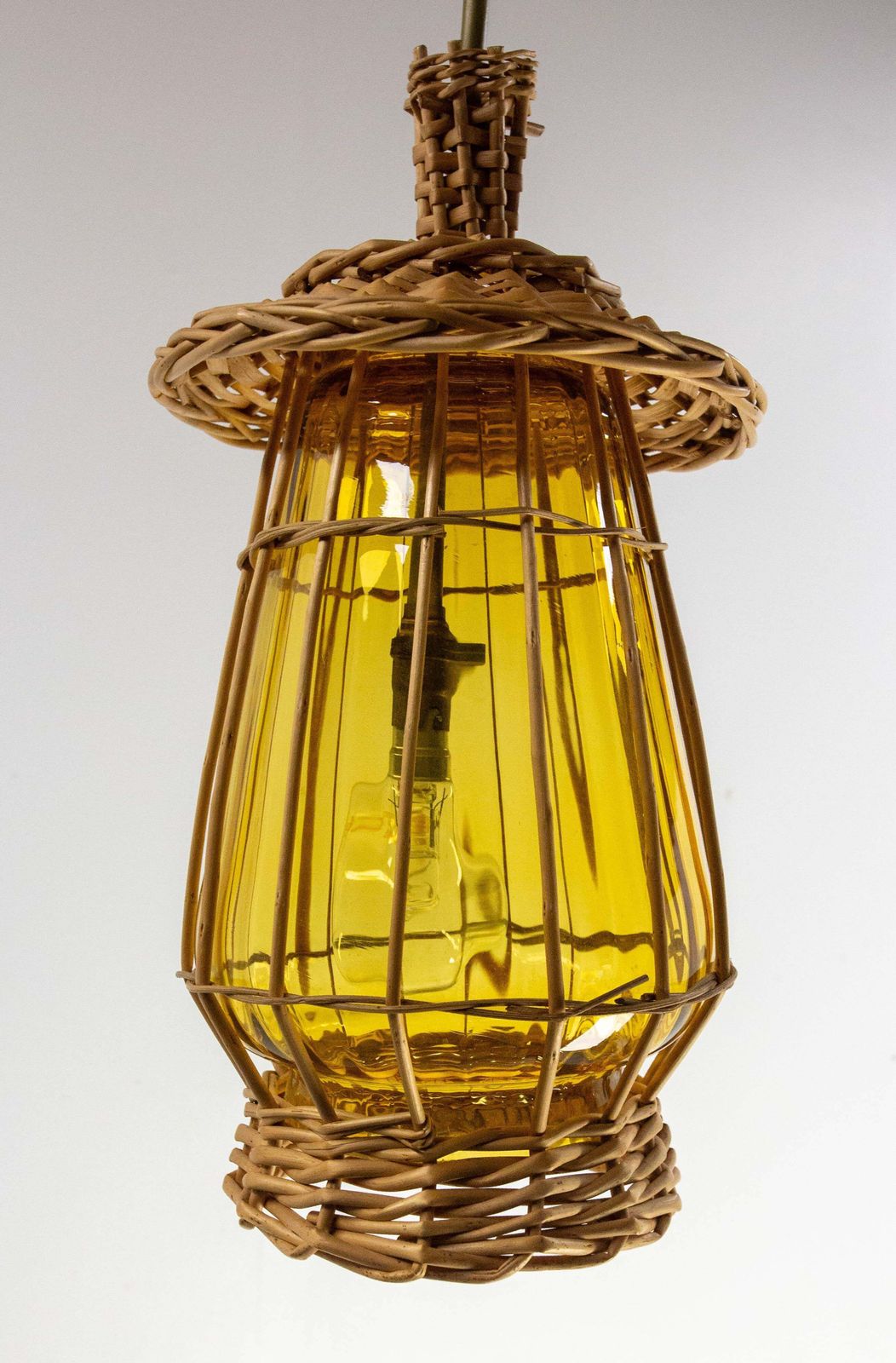 photo furniture French Ceiling Pendant Yellow Glass & Wicker Chandelier, Lanterne Style, C 1970