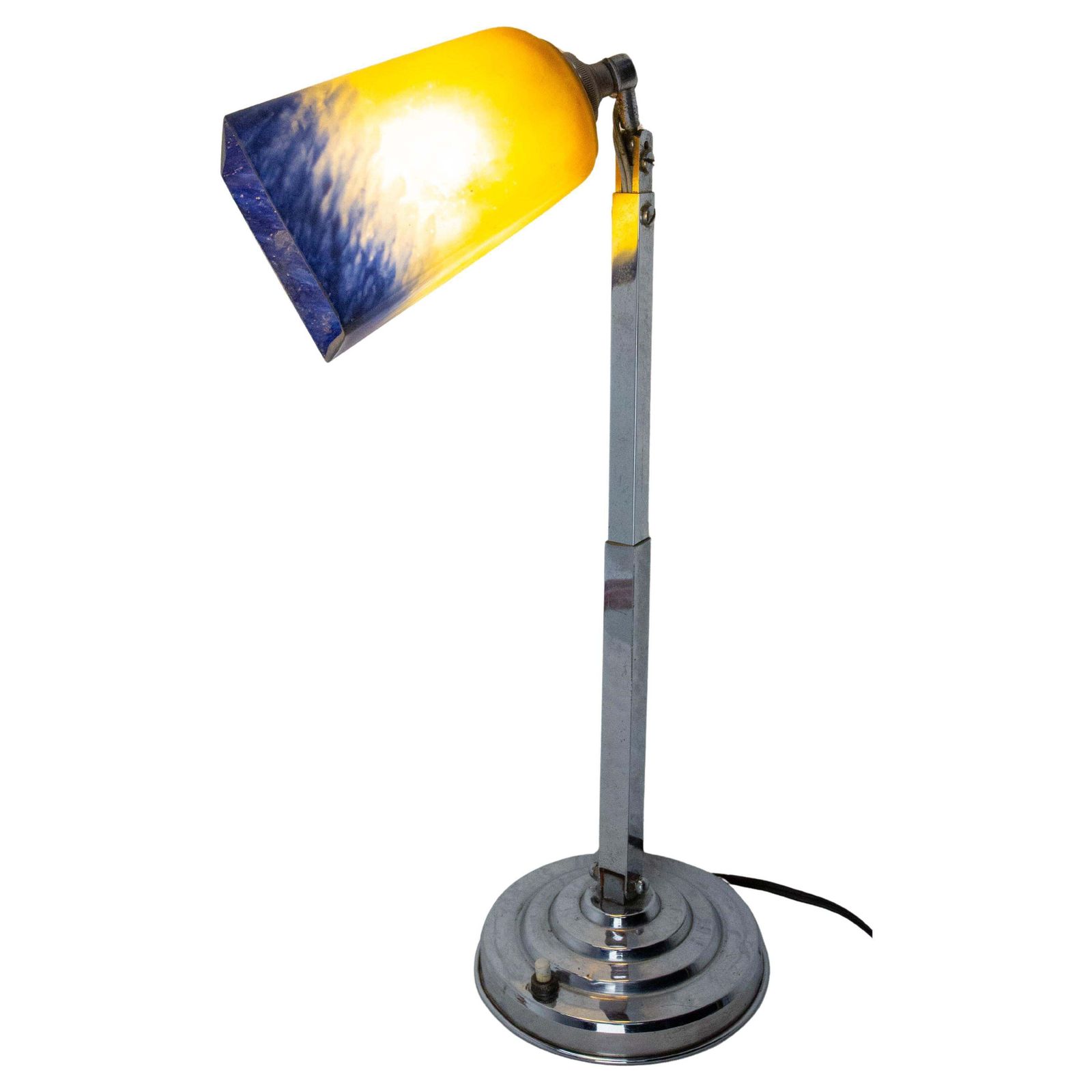 Art Deco Chrome Blue & Yellow Painted Glass Table Lamp, French, Circa 1930