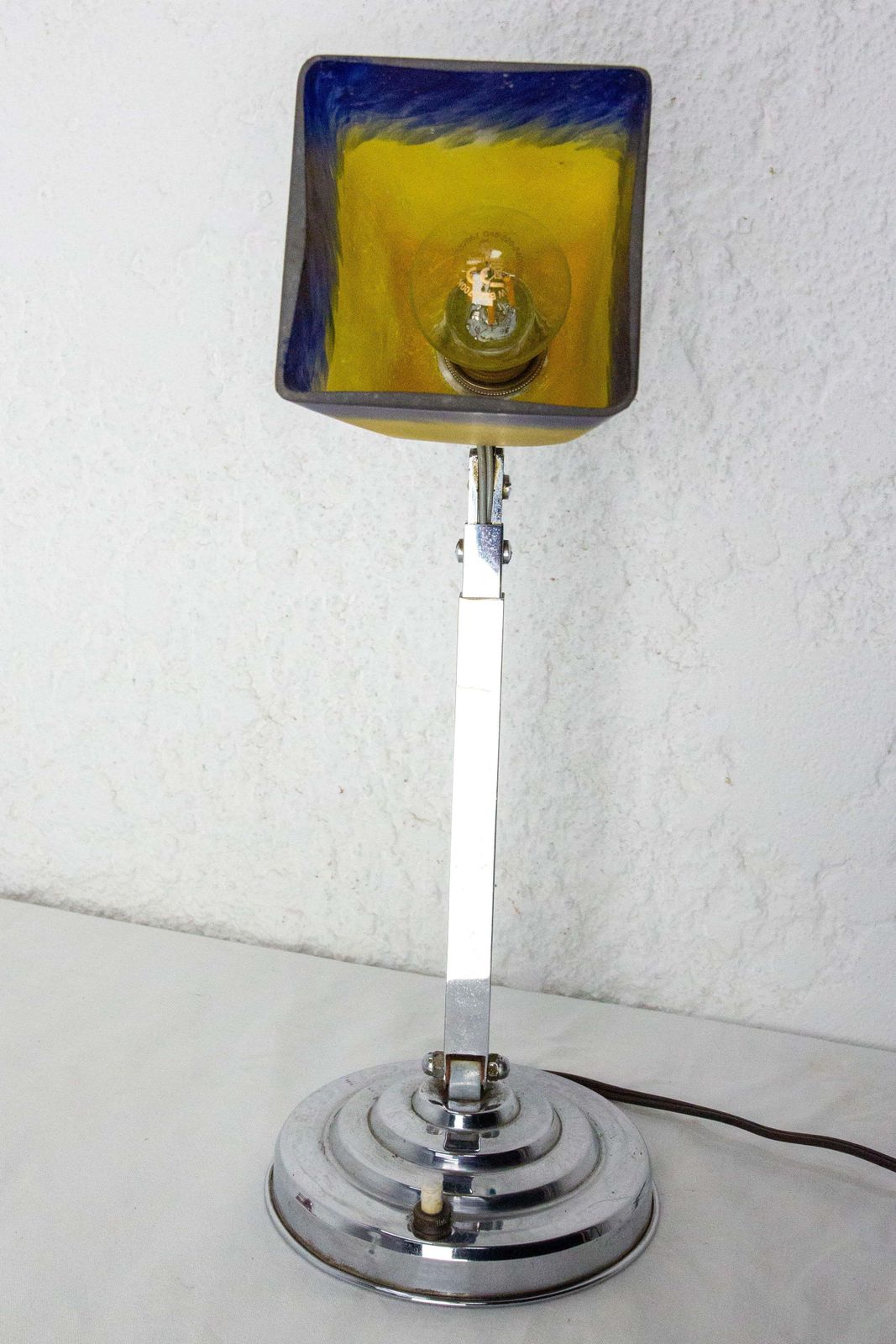 photo furniture Art Deco Chrome Blue & Yellow Painted Glass Table Lamp, French, Circa 1930