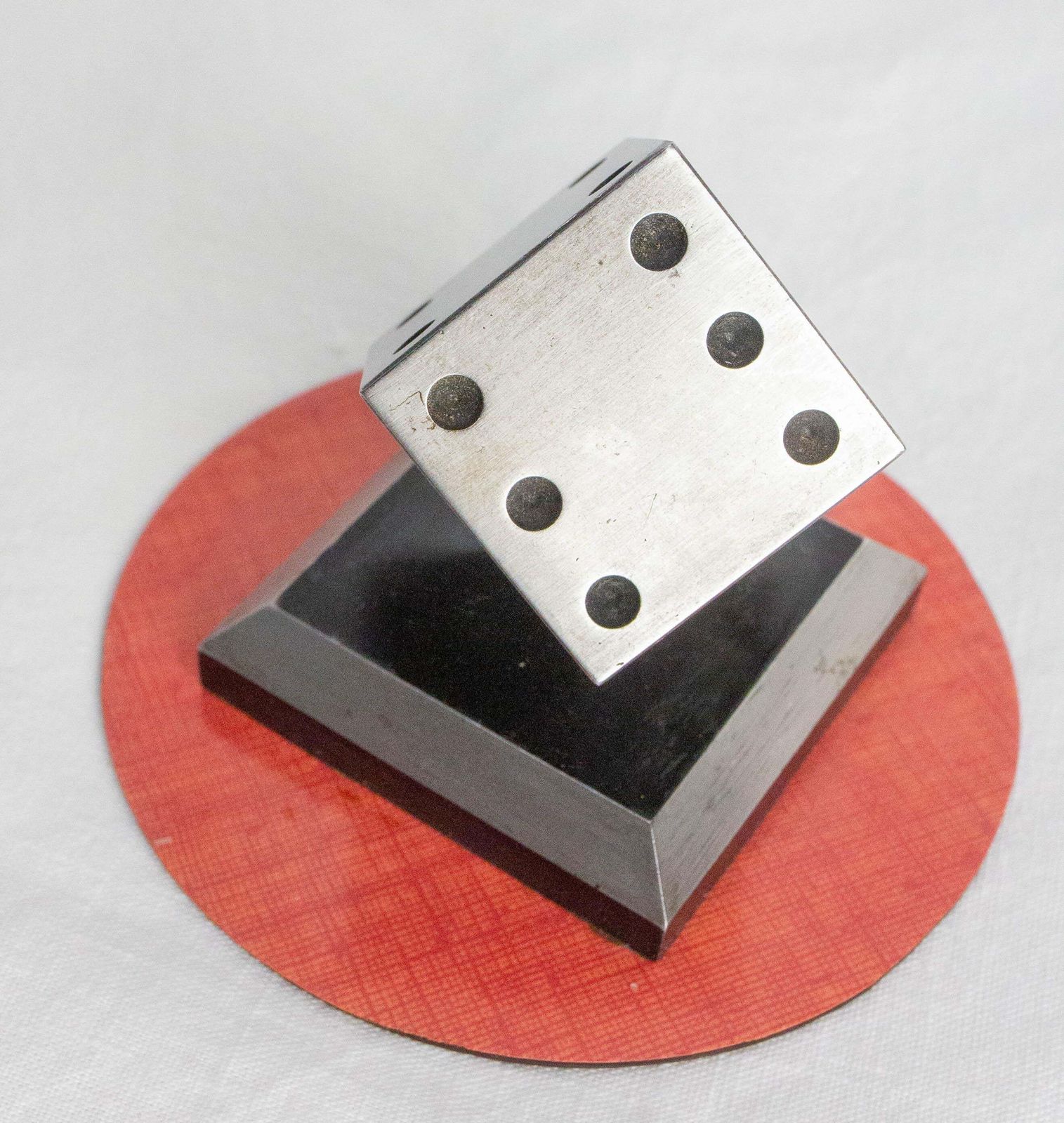 20th Mid Century Red Laminate & Steel Playing Dice Paperweight, Circa 1960 photo vinterior