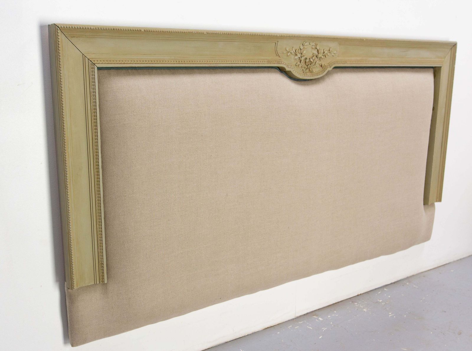 French Louis XVI Style Linen Head Board Made From A  Early 20th Century Wood Bed photo for sale