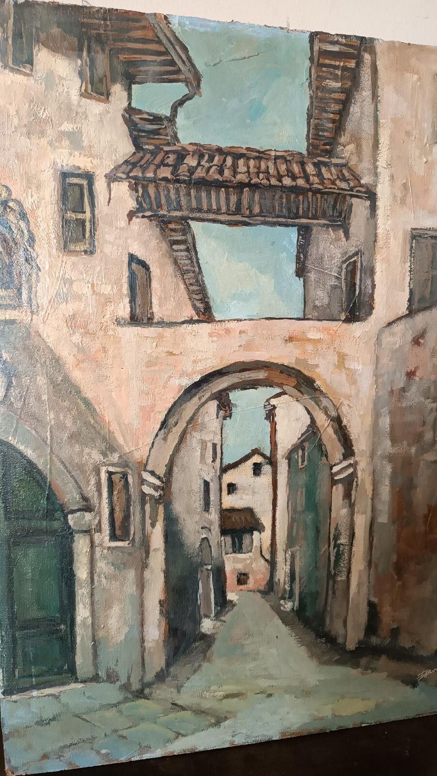 Painting View Of The Village Oil On Cardboard 1950s photo for sale