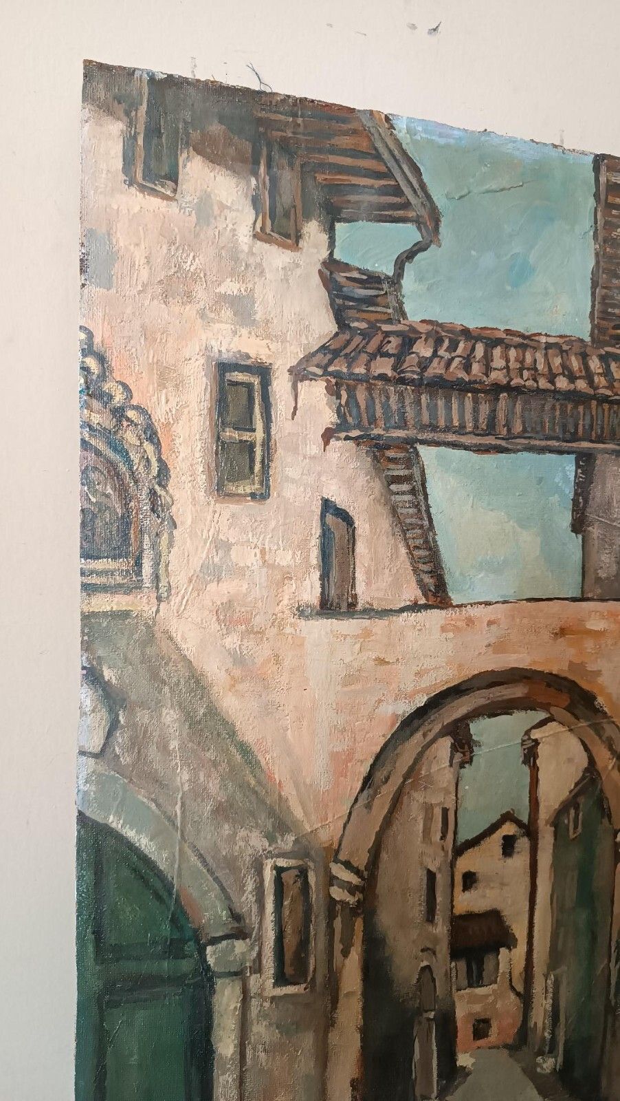 Painting View Of The Village Oil On Cardboard 1950s photo vinterior