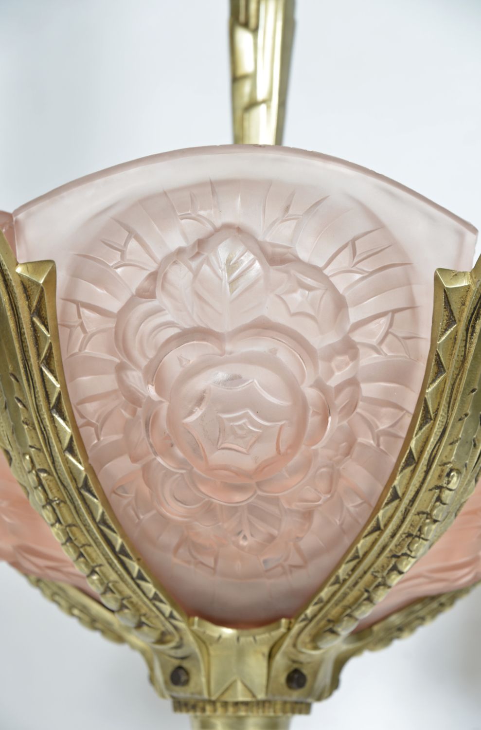1930s French Art Deco Brass Glass Chandelier Hettier & Vincent Freres Hanots photo vinterior