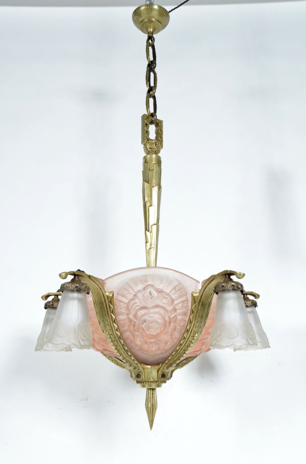1930s French Art Deco Brass Glass Chandelier Hettier & Vincent Freres Hanots photo for sale