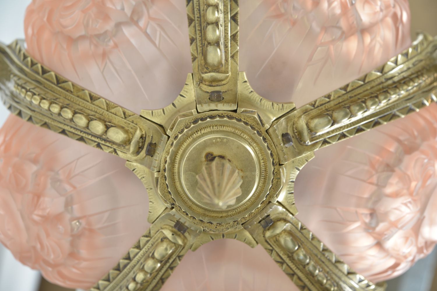 photo for sale 1930s French Art Deco Brass Glass Chandelier Hettier & Vincent Freres Hanots