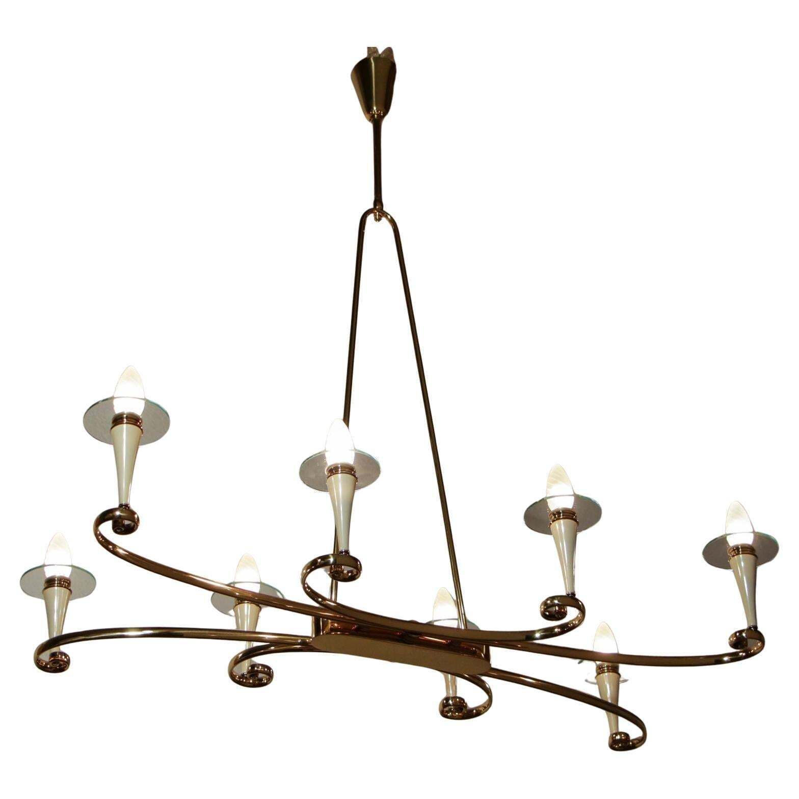 Italian Midcentury Gold And Ivory Color Eight Lights Chandelier, 1950s