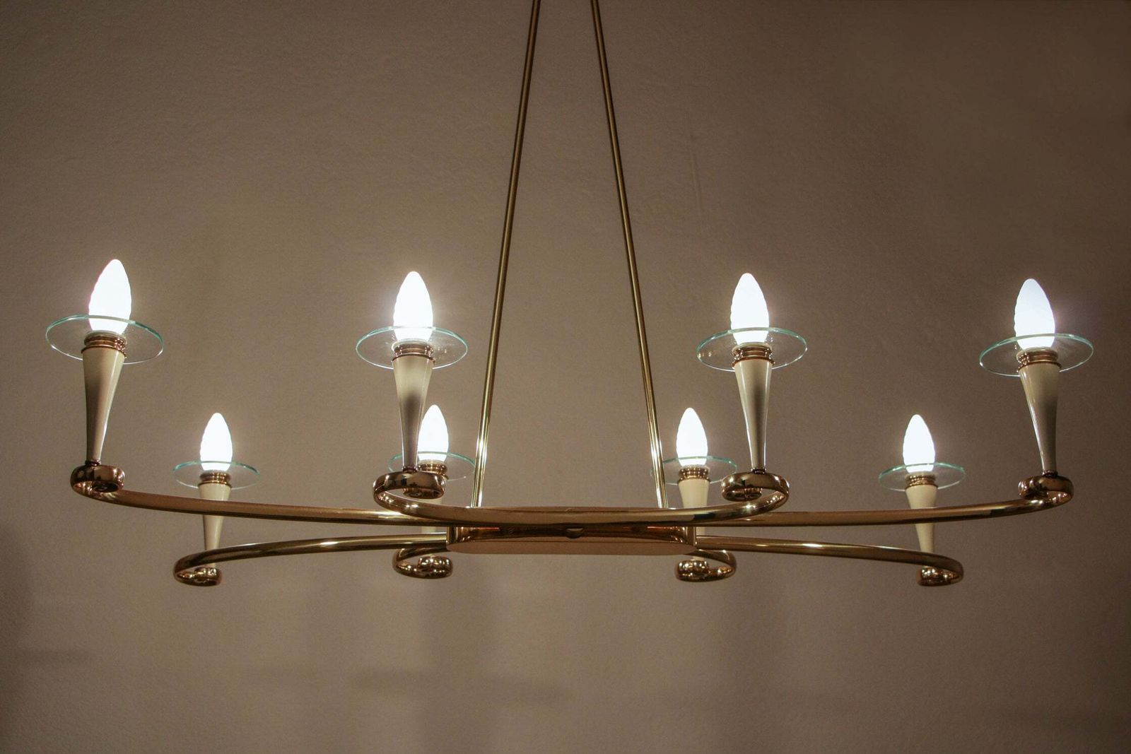 Italian Midcentury Gold And Ivory Color Eight Lights Chandelier, 1950s photo furniture