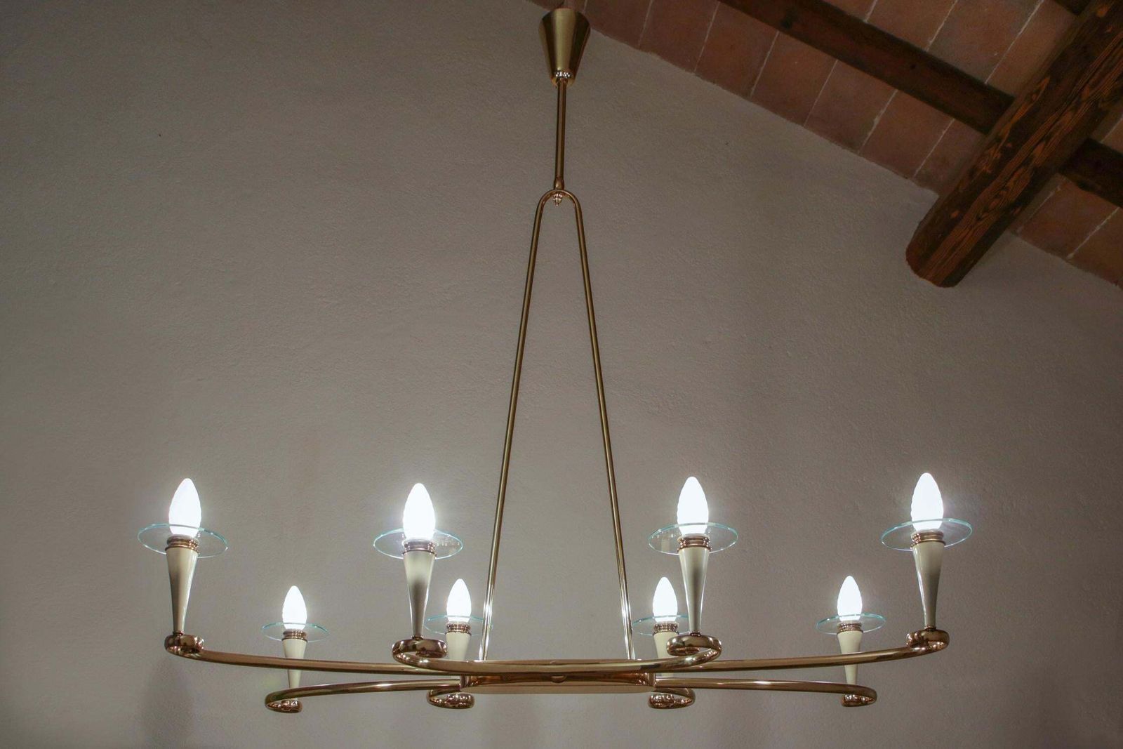 Lighting Italian Midcentury Gold And Ivory Color Eight Lights Chandelier, 1950s photo