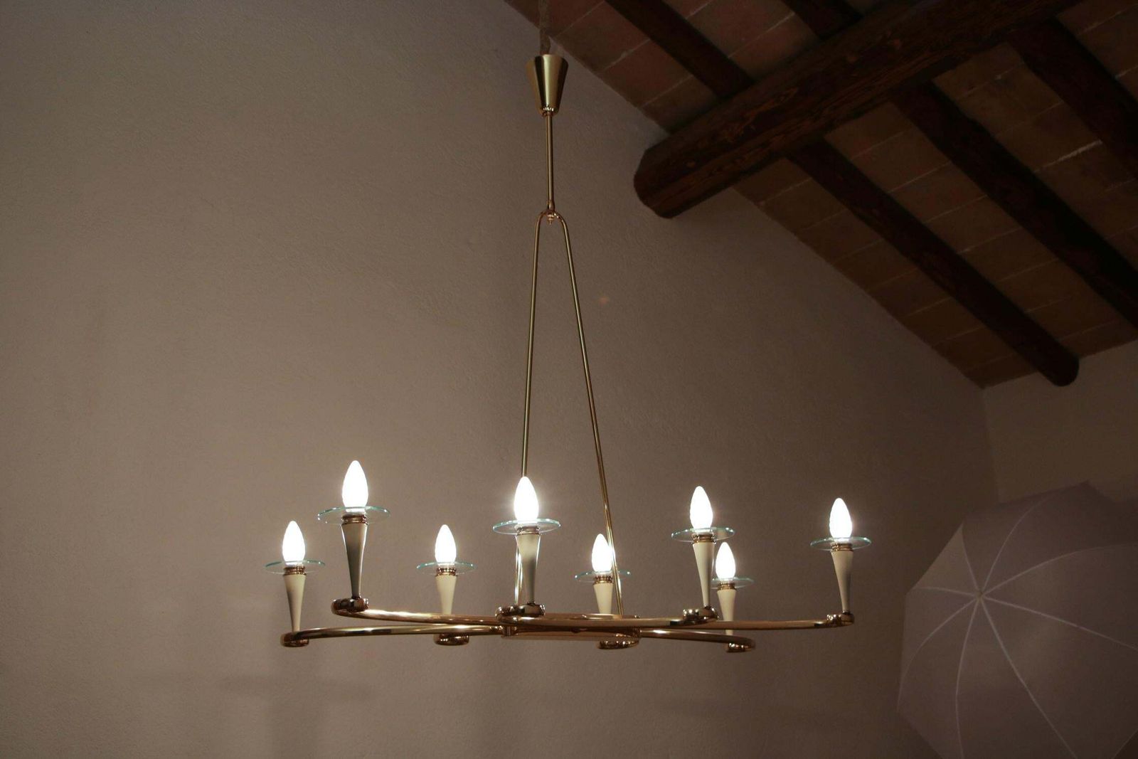 1800.0 Italian Midcentury Gold And Ivory Color Eight Lights Chandelier, 1950s photo