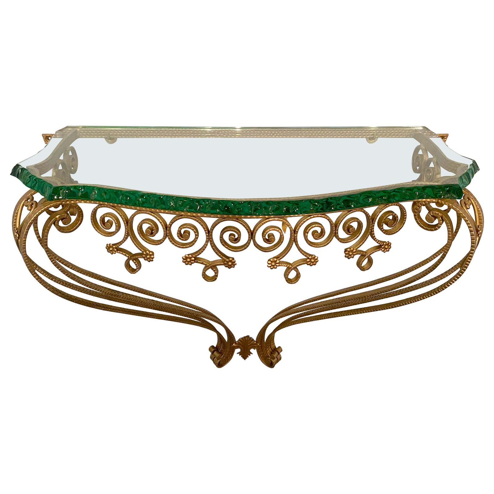 Italian Midcentury Green Crystal Gold Iron Console Table By Pier Luigi Colli