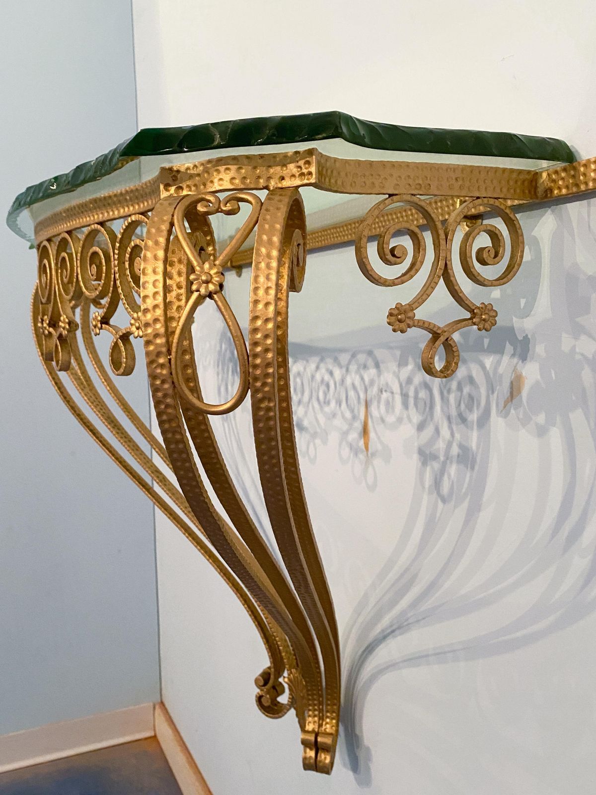 Furniture Italian Midcentury Green Crystal Gold Iron Console Table By Pier Luigi Colli photo