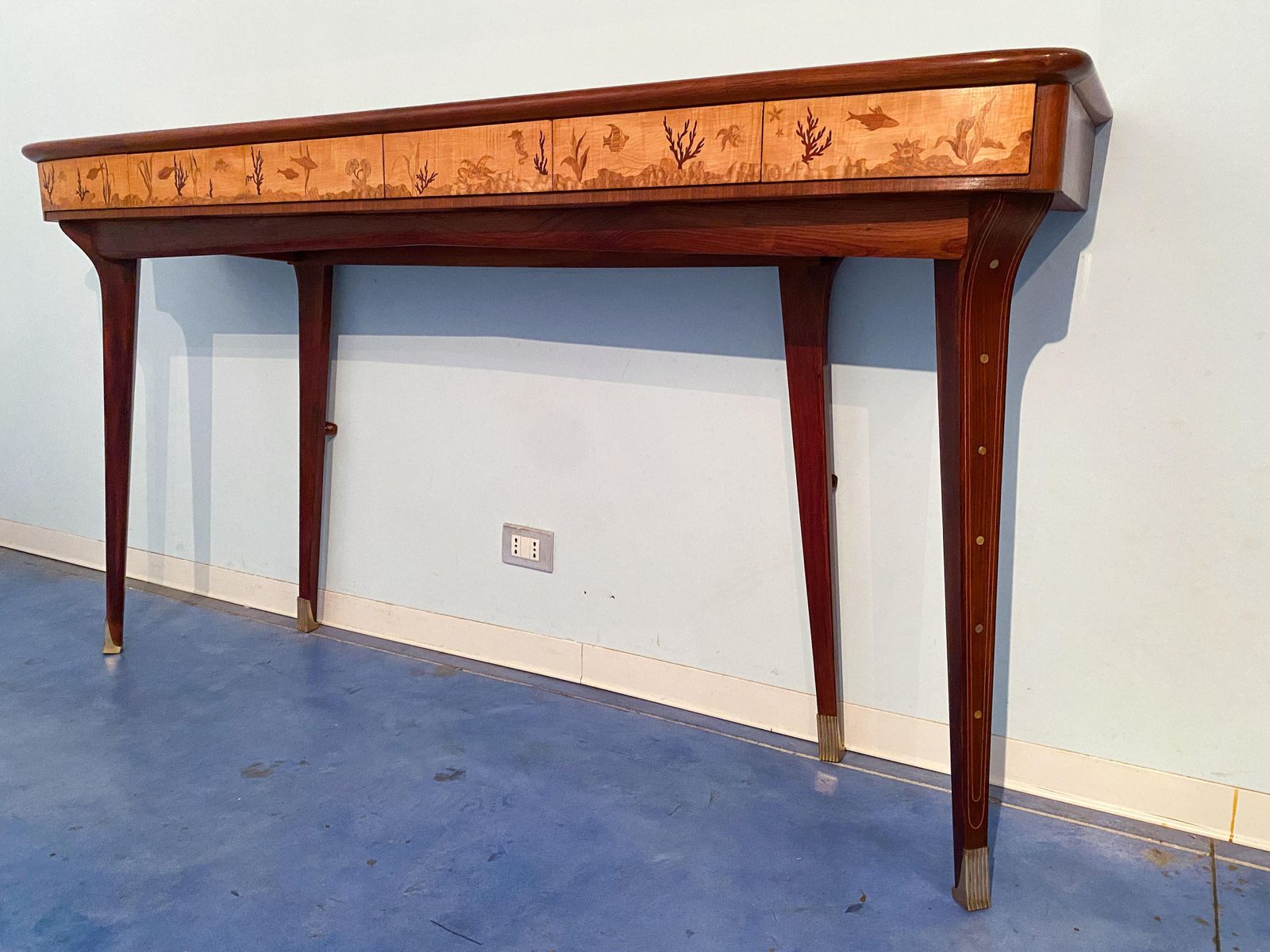 photo vintage Italian Midcentury Inlaid Console With Mirror By Andrea Gusmai, 1950s