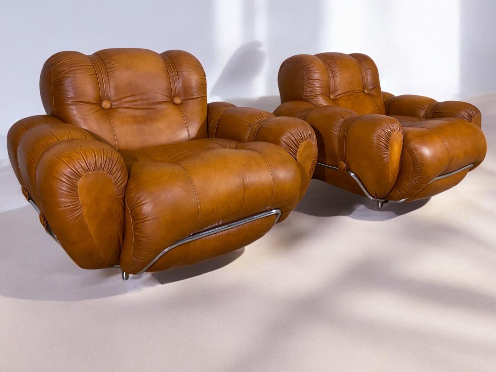 Italian Mid Century Natural Leather Space Age Armchairs, 1970s photo vinterior