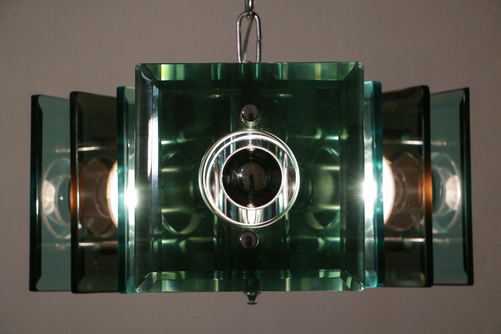 photo vintage Italian Space Age Square Green Color Chandelier By Lupi Cristal Luxor, 1950s