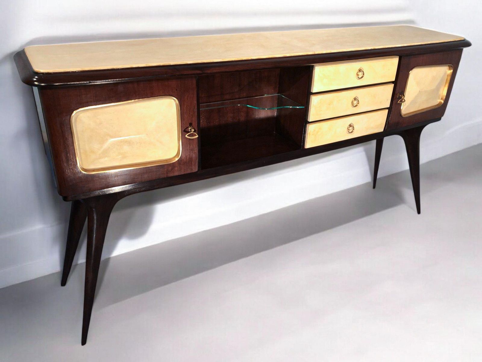 photo furniture Italian Mid Century Center Parchment Bar Sideboard Attributed To Ulrich , 1950s