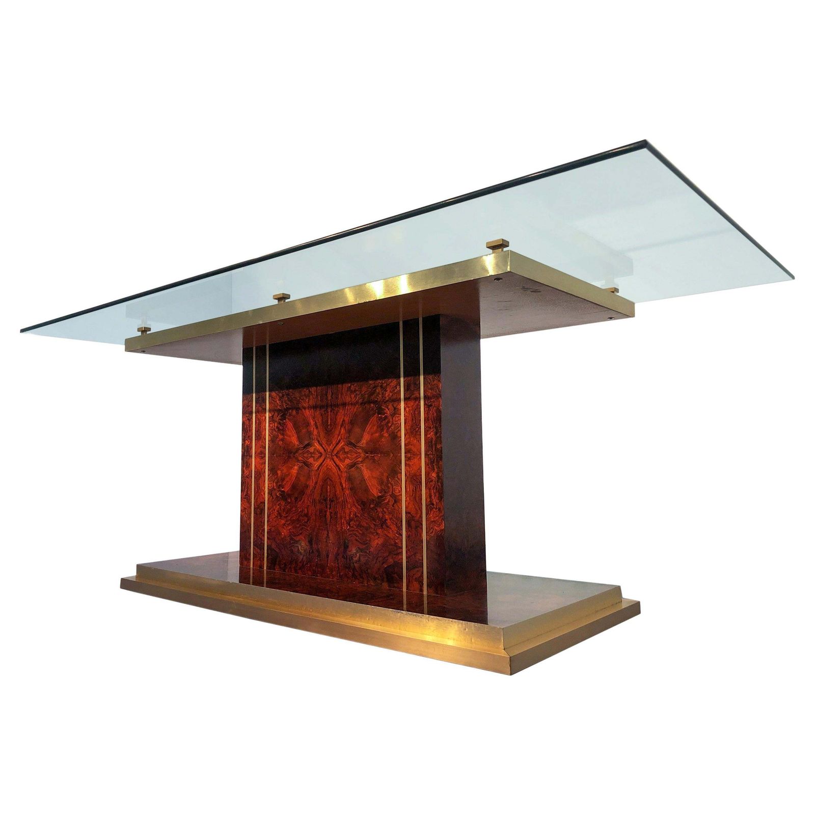 Italian Mid Century Modern Dining Table In Thick Glass And Walnut Root, 1970s